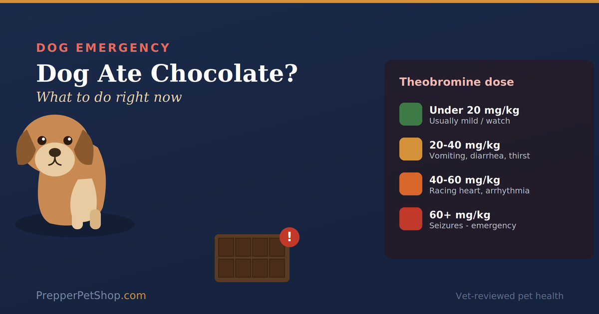 Dog ate chocolate guide: a dog, a chocolate bar, and a theobromine severity scale from mild under 20 mg/kg to seizures at 60-plus mg/kg