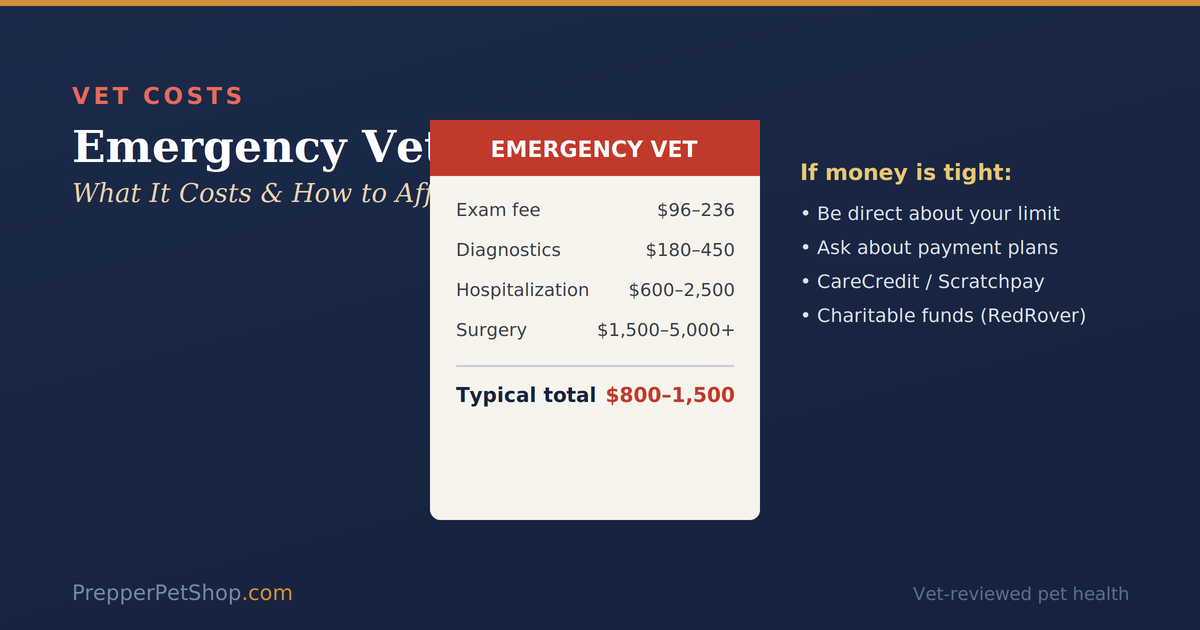 Emergency vet cost breakdown: exam, diagnostics, hospitalization, surgery, typical $800-1,500 total, and money-saving options